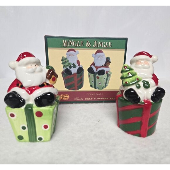 Cracker Barrel Mingle & Jingle Santa Salt & Pepper Shaker Set in Original Box - Picture 2 of 14